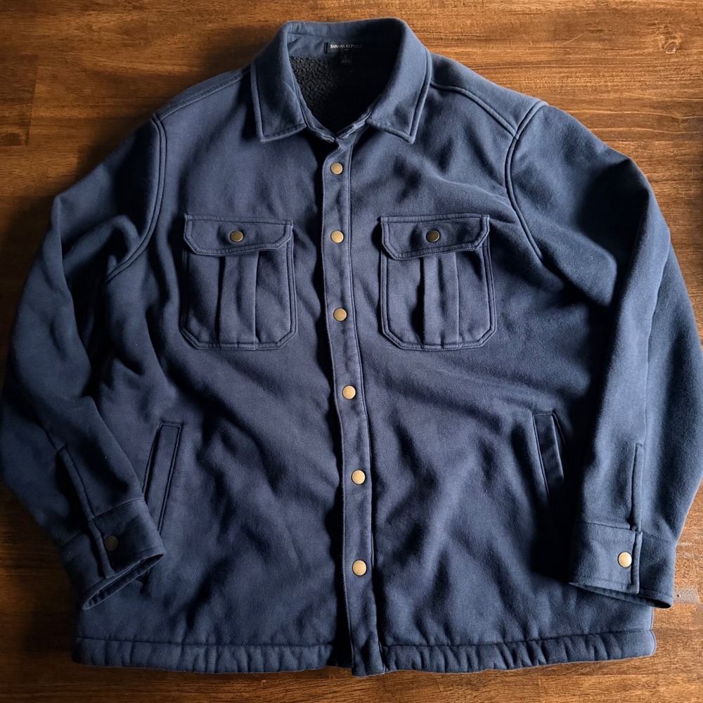 Banana Republic Mens Sherpa Lined Shirt Jacket Navy Blue Snap Front Large